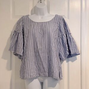 SEVEN7 Blue/White Striped Flowy Coastal Grandma Ruffled Sleeves Top Medium